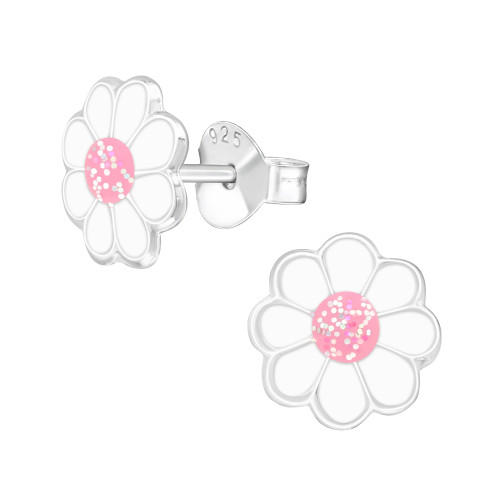 Margaréta virágos színes stift gyermek fülbevaló, 925 ezüst, 1 pár, epoxy, világos rózsaszín csillogás, fehér