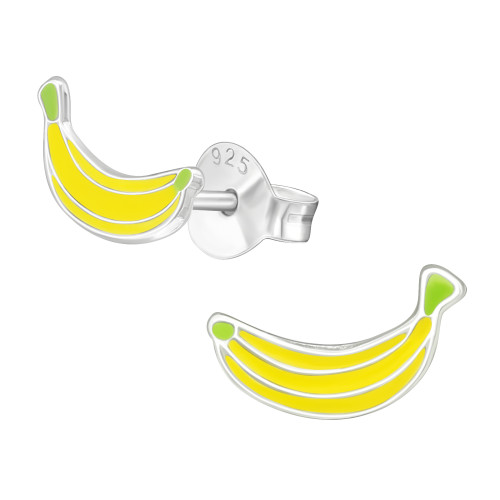 Banán színes stift gyermek fülbevaló, 925 ezüst, 1 pár, epoxy, zöld, sárga