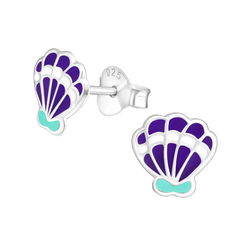 Lila kagyló stift gyermekfülbevaló, 925 ezüst , epoxy, világos zöld, fehér, 