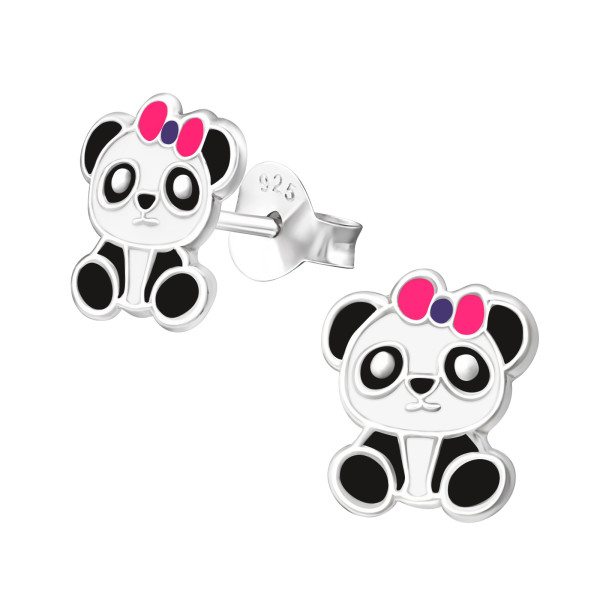 Pandamacis színes stift gyermek fülbevaló, 925 ezüst, 1 pár, epoxy, fekete, fehér, rózsaszín, világos lila
