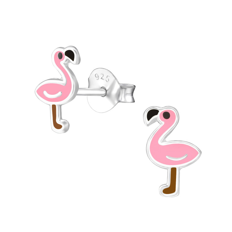 Flamingó színes stift gyermek fülbevaló, 925 ezüst, 1 pár, epoxy, fekete, rózsaszín, barna