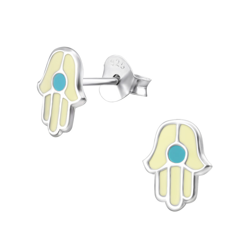 Hamsa kéz színes stift gyermek fülbevaló, 925 ezüst, 1 pár, epoxy, krém, világoskék