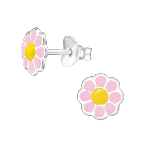 Virágos színes stift gyermek fülbevaló, 925 ezüst, 1 pár, epoxy, világos rózsaszín, sárga