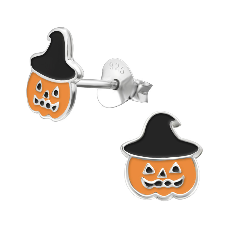 Halloweeni kalappos tök színes stift gyermek fülbevaló, 925 ezüst, 1 pár, epoxy, fekete, narancs