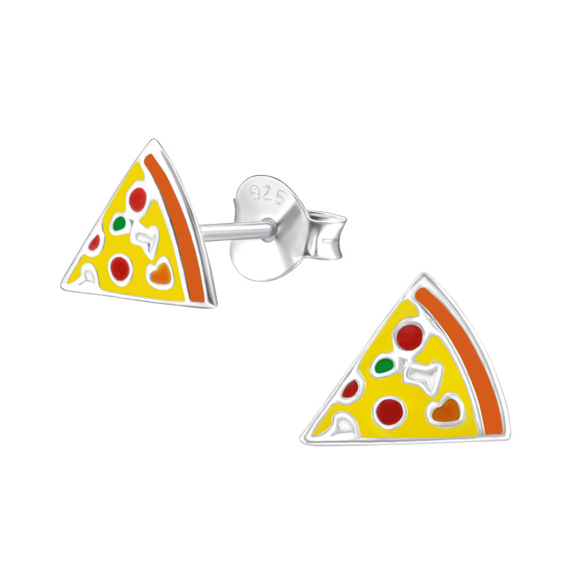Pizza szelet színes stift gyermek fülbevaló, 925 ezüst, 1 pár, epoxy, fehér, barna, piros, narancs, sárga, zöld