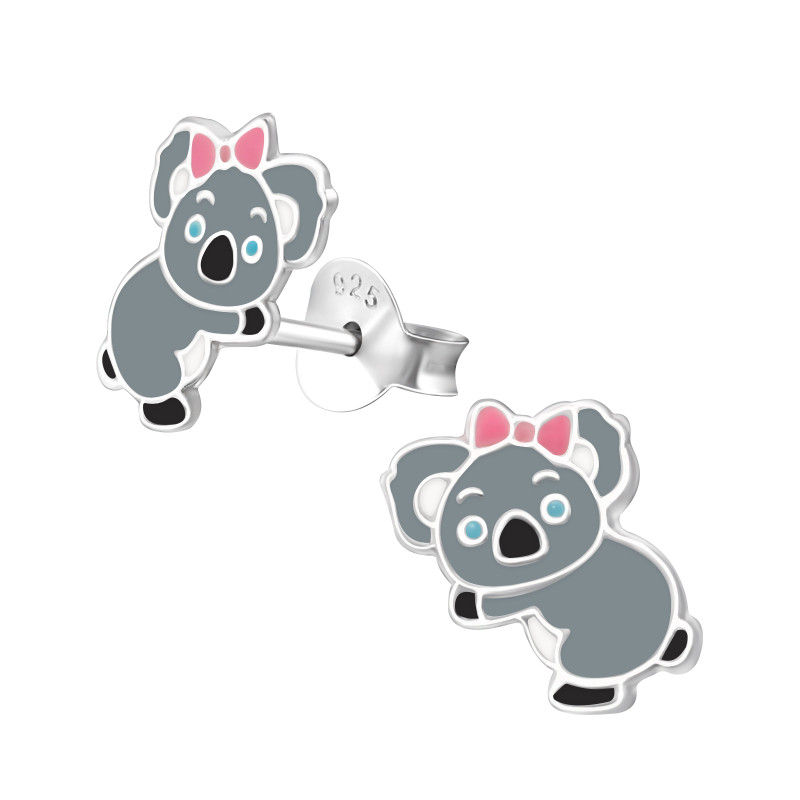 Koala masnival színes stift gyermek fülbevaló, 925 ezüst, 1 pár, epoxy, fehér, fekete, világos rózsaszín, szürke, kék
