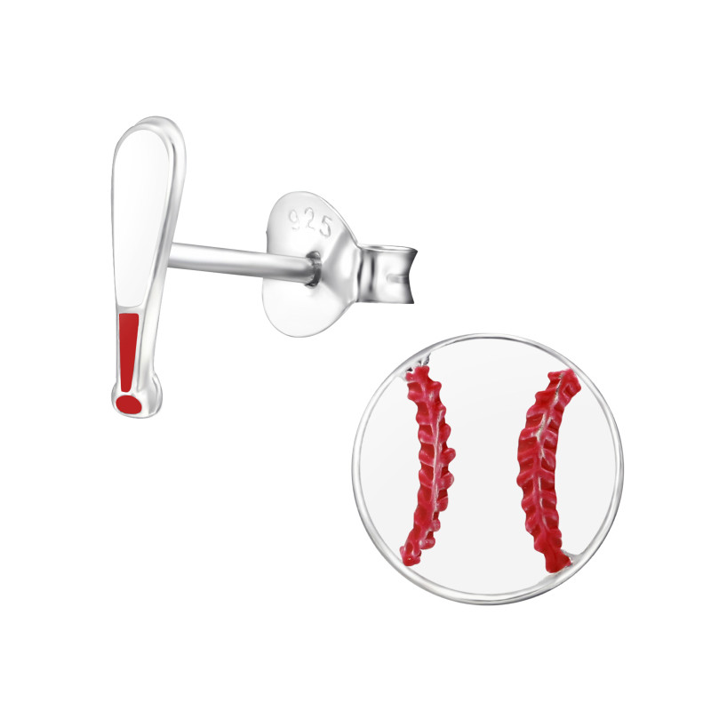 Baseball ütő színes stift gyermek fülbevaló, 925 ezüst, 1 pár, epoxy, piros, fehér