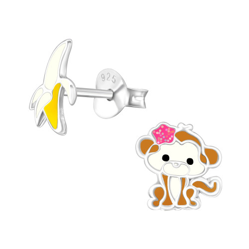 Majom banánnal színes stift gyermek fülbevaló, 925 ezüst, 1 pár, epoxy, sárga, fekete, fehér, világos rózsaszín csillogás, barna