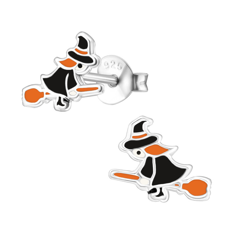 Boszorkány seprűn halloweenes színes stift gyermek fülbevaló, 925 ezüst, 1 pár, epoxy, fekete, narancs, krém