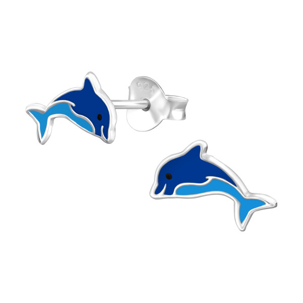Delfin színes stift gyermek fülbevaló, 925 ezüst, 1 pár, epoxy, fekete, sokszínű, sötétkék, kék
