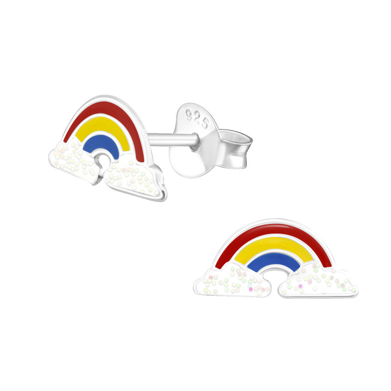 Szivárvány színes stift gyermek fülbevaló, 925 ezüst, 1 pár, epoxy, kék, sárga, fehér csillogó, piros