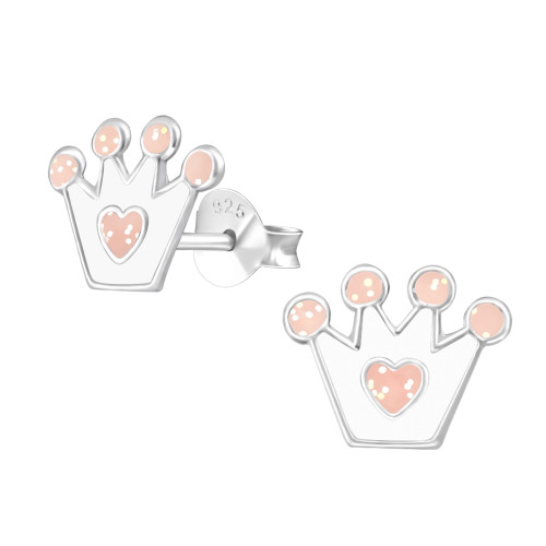 Korona színes stift gyermek fülbevaló, 925 ezüst, 1 pár, epoxy, világos rózsaszín csillogás, fehér