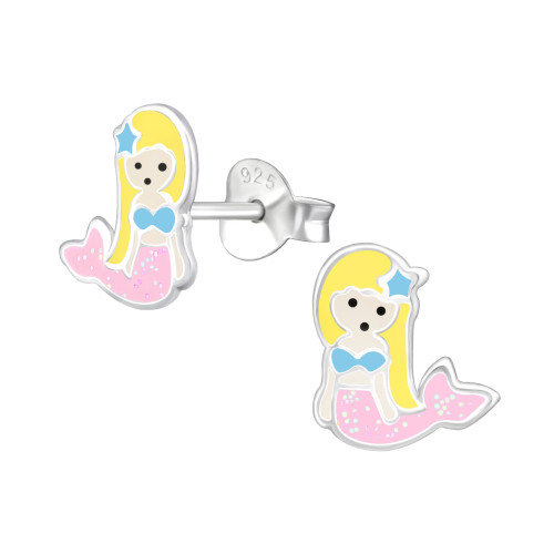 Csillámos hableány színes stift gyermek fülbevaló, 925 ezüst, 1 pár, epoxy, sárga, fekete, világos rózsaszín csillogás, világoskék, krém