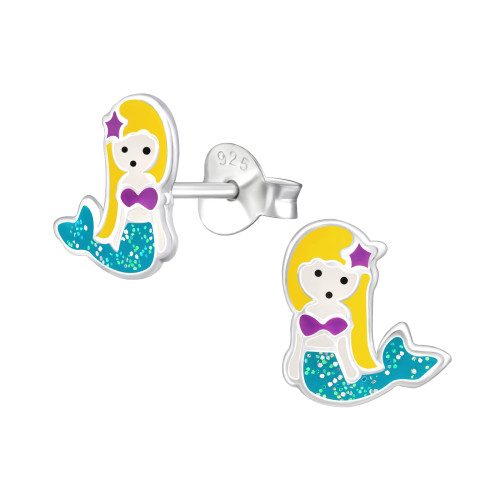 Hableány színes stift gyermek fülbevaló, 925 ezüst, 1 pár, epoxy, kék csillogás, fekete, sárga, lila, krém