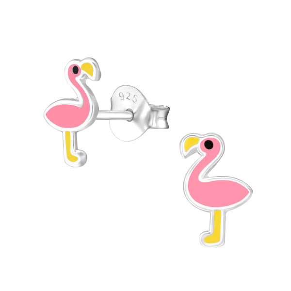 Flamingós színes stift gyermek fülbevaló, 925 ezüst, 1 pár, epoxy, fekete, sárga, rózsaszín
