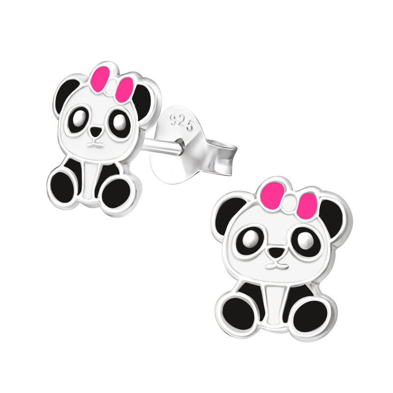Pandamaci masnis színes stift gyermek fülbevaló, 925 ezüst, 1 pár, epoxy, fekete, fehér, rózsaszín