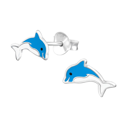 Delfin stift ezüst gyerek fülbevaló nyaralás, napfény, tenger , epoxy, fekete, fehér, kék