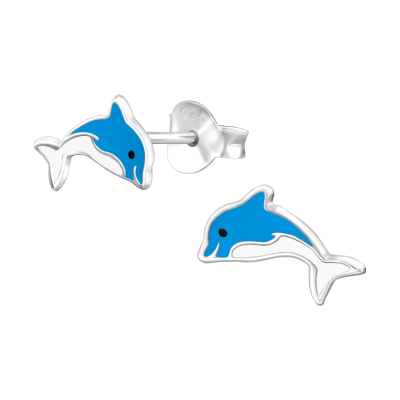 Delfin stift ezüst gyerek fülbevaló nyaralás, napfény, tenger , epoxy, fekete, fehér, kék