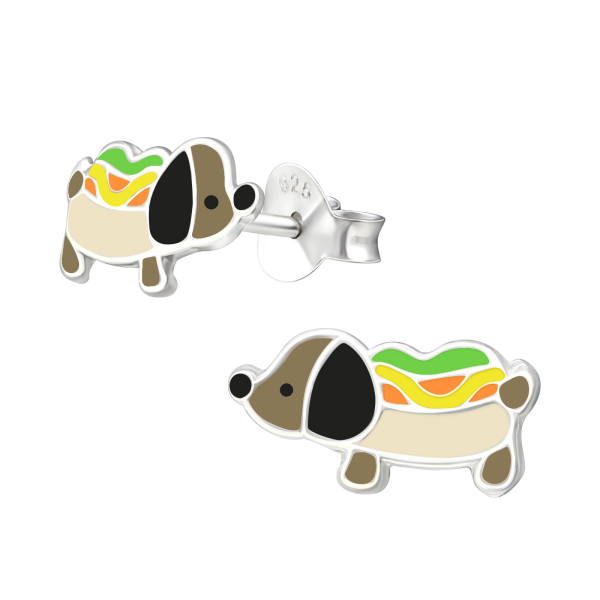 Hotdog kutya színes stift gyermek fülbevaló, 925 ezüst, 1 pár, epoxy, világos zöld, fekete, barna, sokszínű, krém, sárga,
