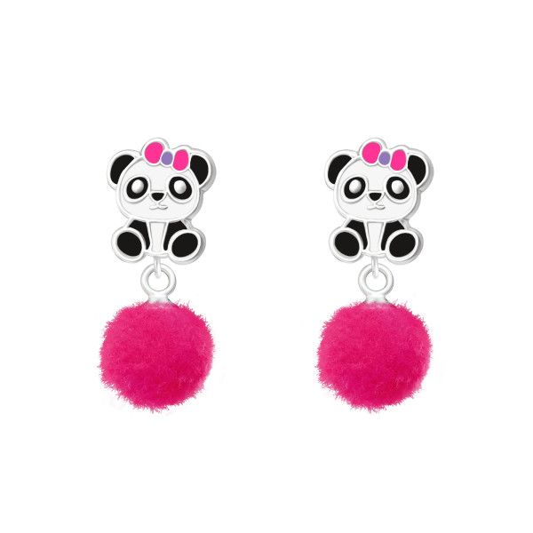 Pandamackó pomponnal színes stift gyermek fülbevaló, 925 ezüst, 1 pár, epoxy, fekete, fehér, lila, rózsaszín