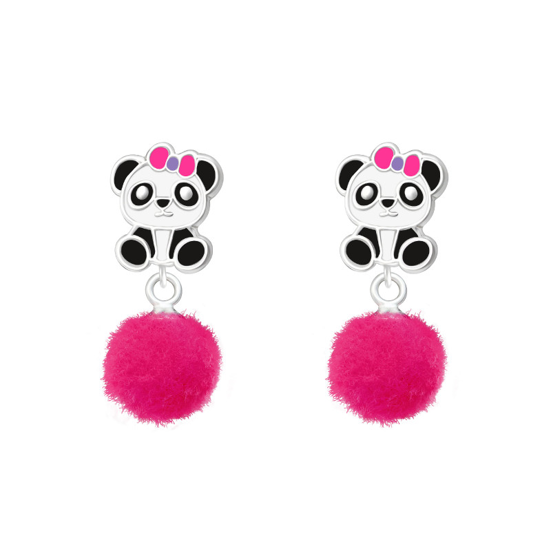 Pandamackó pomponnal színes stift gyermek fülbevaló, 925 ezüst, 1 pár, epoxy, fekete, fehér, lila, rózsaszín Pandamackó pomponnal színes stift gyermek fülbevaló, 925 ezüst, 1 pár, epoxy, fekete, fehér, lila, rózsaszín