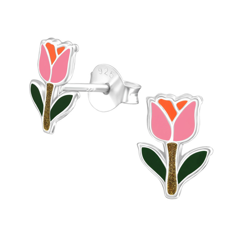 Tulipán színes stift gyermek fülbevaló, 925 ezüst, 1 pár, epoxy, barna, rózsaszín, narancs, sötétzöld