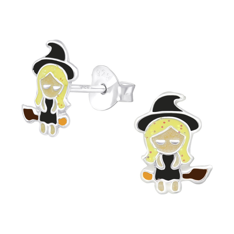 Boszorkány halloweenes színes stift gyermek fülbevaló, 925 ezüst, 1 pár, epoxy, sárga csillogás, fekete, barna , narancs, krém Boszorkány halloweenes színes stift gyermek fülbevaló, 925 ezüst, 1 pár, epoxy, sárga csillogás, fekete, barna , narancs, krém