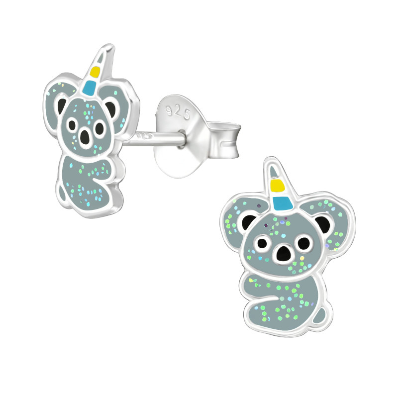 Csillámos koala tfülbevaló színes stift gyermek fülbevaló, 925 ezüst, 1 pár, epoxy, fekete, sárga, szürke, kék