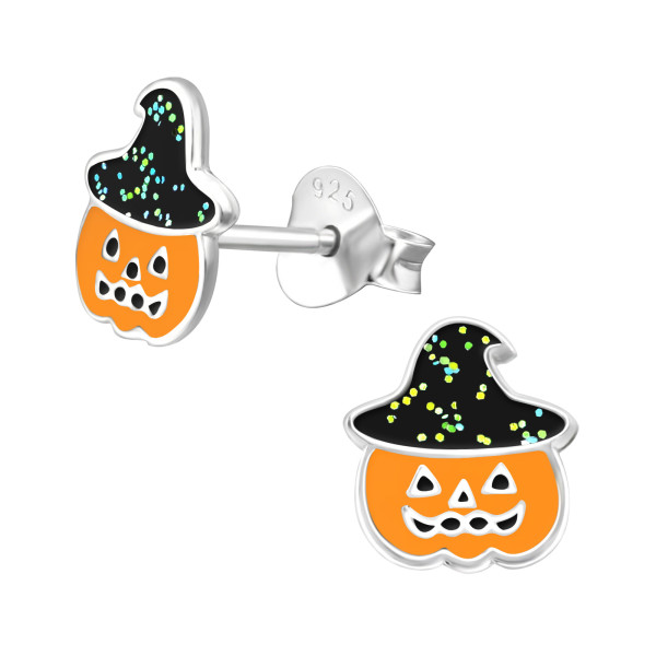 Halloweeni tök csillámokkal színes stift gyermek fülbevaló, 925 ezüst, 1 pár, epoxy, fekete, csillogás, narancs