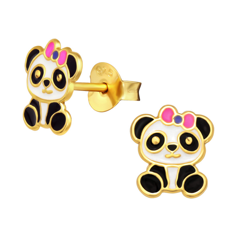 Pandamackó színes stift gyermek fülbevaló, 925 ezüst, 1 pár, epoxy, 24k arany bevonat, fekete, fehér, lila, rózsaszín