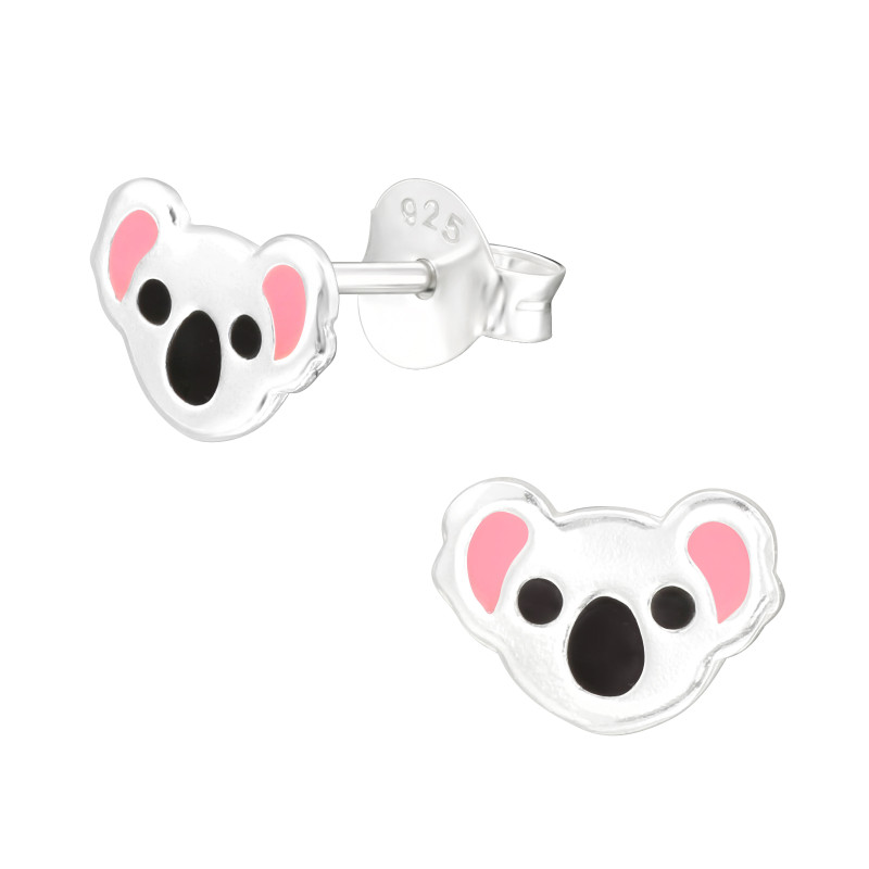 Koala fejes színes stift gyermek fülbevaló, 925 ezüst, 1 pár, epoxy, világos rózsaszín