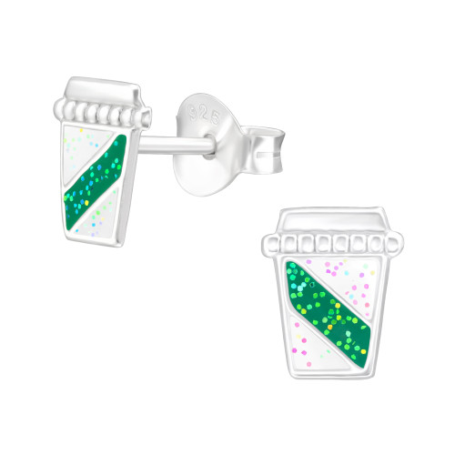Pohár kávé lányos színes stift gyermek fülbevaló, 925 ezüst, 1 pár, epoxy, fehér csillogó, zöld csillogás