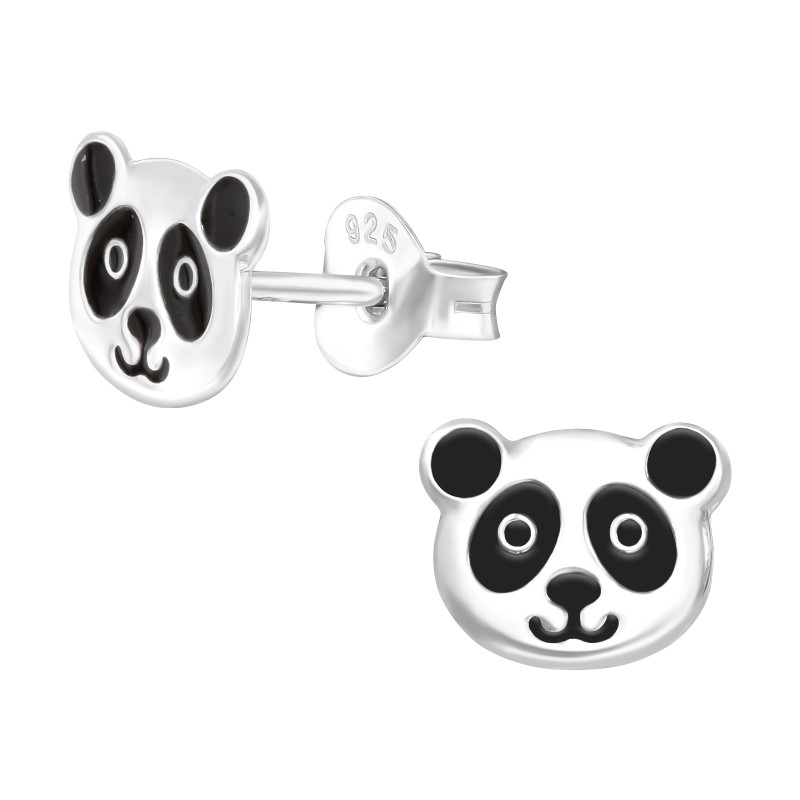 Pandamaci fej lányos színes stift gyermek fülbevaló, 925 ezüst, 1 pár, epoxy, fekete