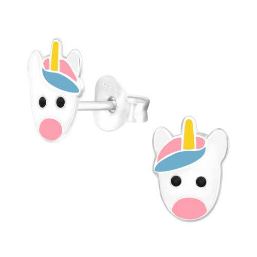 Boci fej lányos színes stift gyermek fülbevaló, 925 ezüst, 1 pár, epoxy, sárga, fekete, fehér, rózsaszín, kék