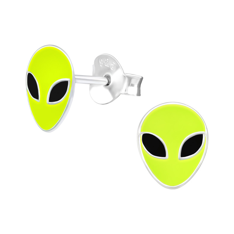 Ufo fej színes stift gyermek fülbevaló, 925 ezüst, 1 pár, epoxy, fekete, világos zöld