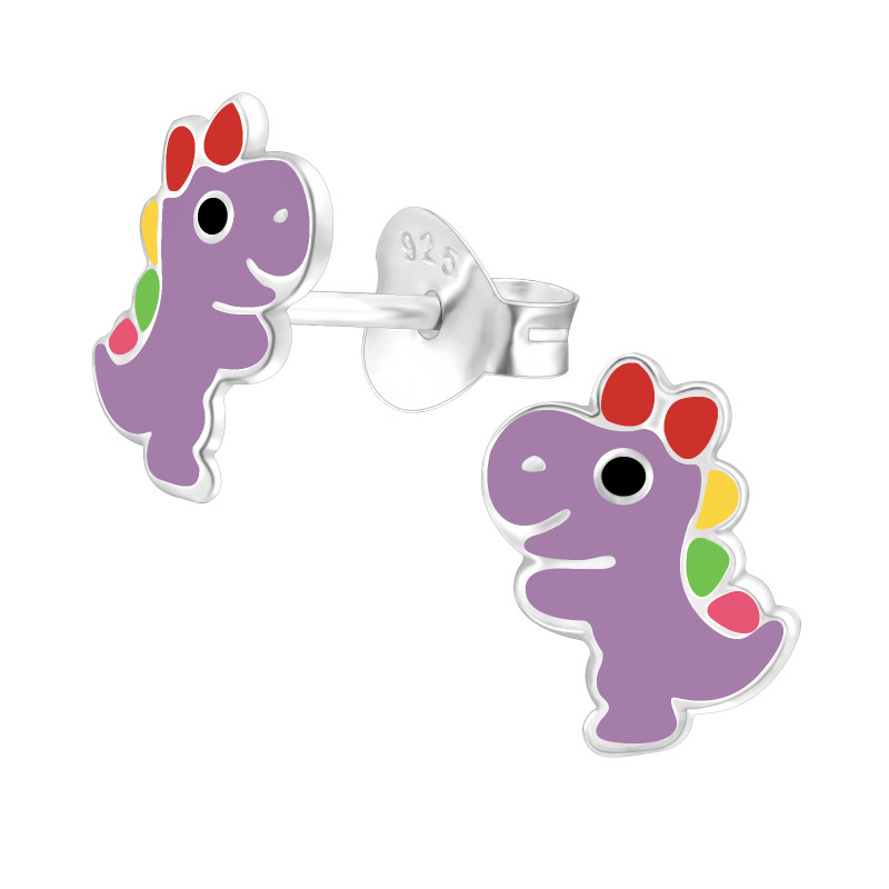 Dinoszaurusz színes stift gyermek fülbevaló, 925 ezüst, 1 pár, epoxy, piros, fekete, lila, zöld, sárga, sötét rózsaszín