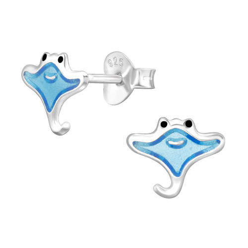 Rája színes stift gyermek fülbevaló, 925 ezüst, 1 pár, epoxy, fekete, kék