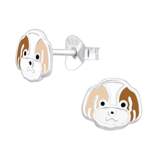 Kutya fej bulldog színes stift gyermek fülbevaló, 925 ezüst, 1 pár, epoxy, fekete, fehér, krém, barna