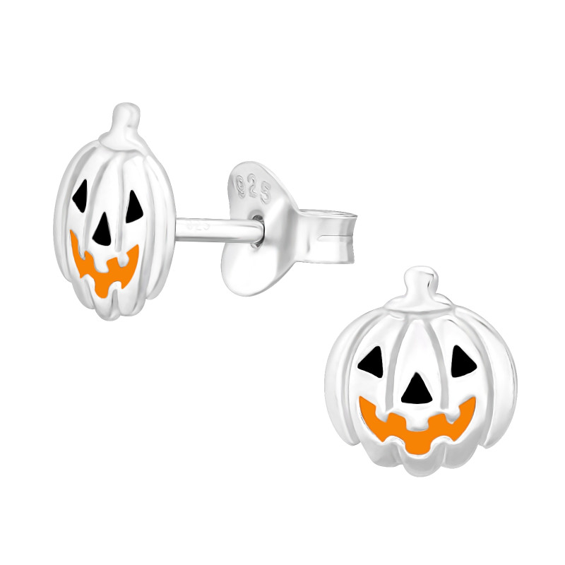 Halloweeni tök színes stift gyermek fülbevaló, 925 ezüst, 1 pár, epoxy, fekete, narancs Halloweeni tök színes stift gyermek fülbevaló, 925 ezüst, 1 pár, epoxy, fekete, narancs