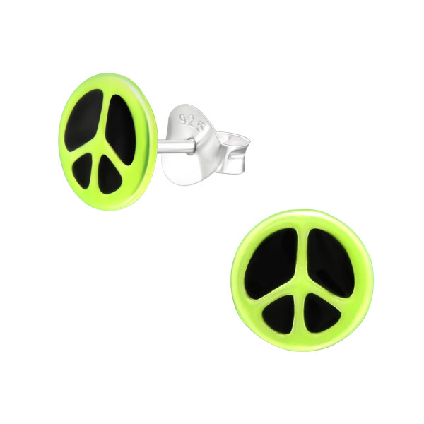 Peace jel színes stift gyermek fülbevaló, 925 ezüst, 1 pár, epoxy, fekete, permet, zöld
