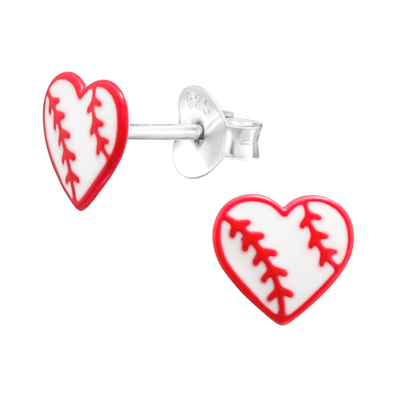 Szív baseball labda színes stift gyermek fülbevaló, 925 ezüst, 1 pár, epoxy, piros, permet, fehér Szív baseball labda színes stift gyermek fülbevaló, 925 ezüst, 1 pár, epoxy, piros, permet, fehér