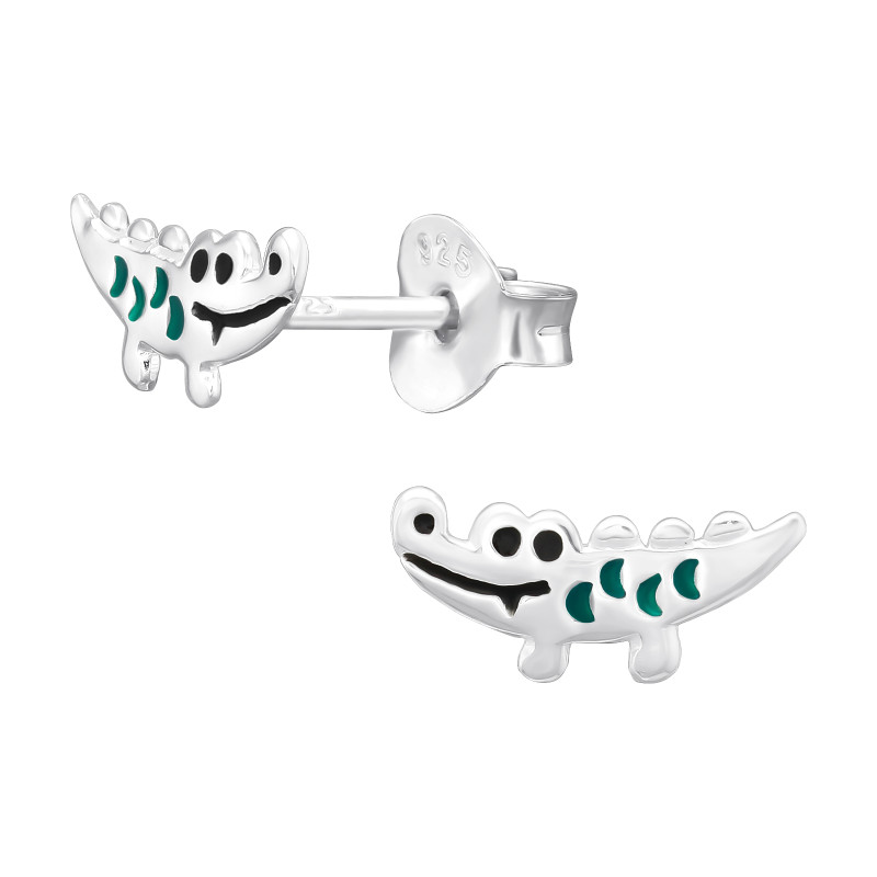 Krokodil színes stift gyermek fülbevaló, 925 ezüst, 1 pár, epoxy, fekete, sötétzöld Krokodil színes stift gyermek fülbevaló, 925 ezüst, 1 pár, epoxy, fekete, sötétzöld