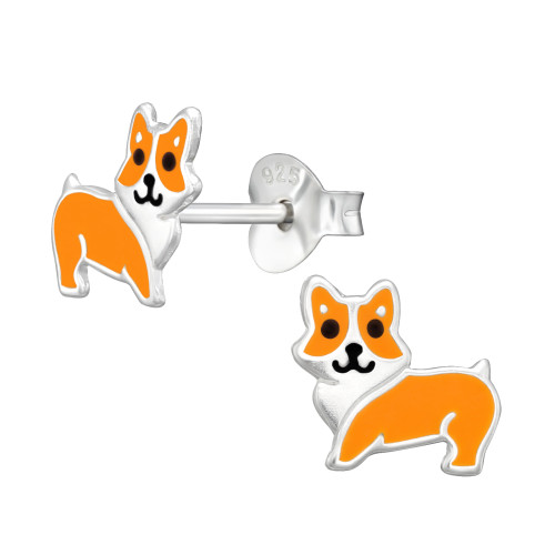 Corgie kutyás színes stift gyermek fülbevaló, 925 ezüst, 1 pár, epoxy, fekete, narancs