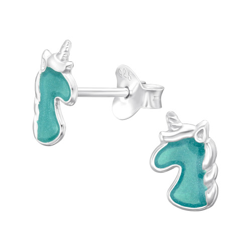 Türkiz unikornis színes stift gyermek fülbevaló, 925 ezüst, 1 pár, epoxy, kék csillogó