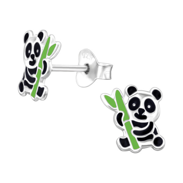 Pandamackó bambusszal színes stift gyermek fülbevaló, 925 ezüst, 1 pár, epoxy, fekete, zöld