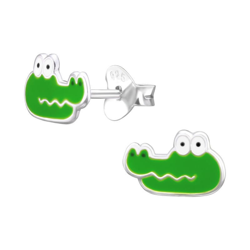 Krokodil fejes színes stift gyermek fülbevaló, 925 ezüst, 1 pár, epoxy, fekete, fehér, zöld