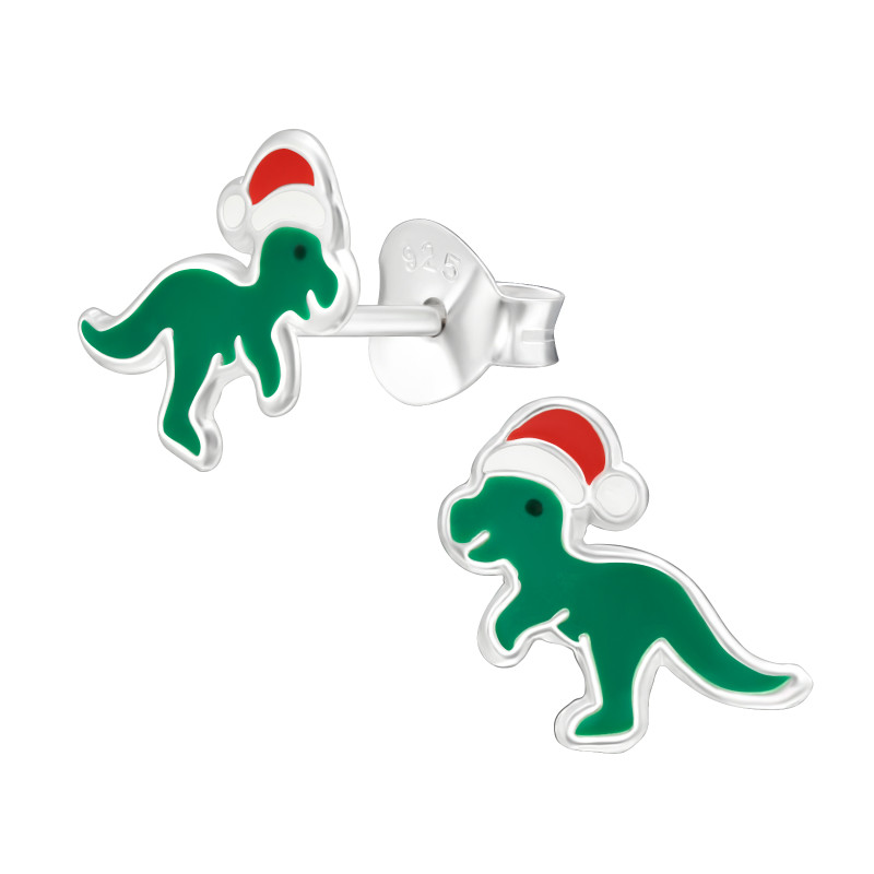 Mikulás dinoszaurusz színes ezüst gyermek stift fülbevaló , epoxy, fekete, fehér, piros, sötétzöld Mikulás dinoszaurusz színes ezüst gyermek stift fülbevaló , epoxy, fekete, fehér, piros, sötétzöld