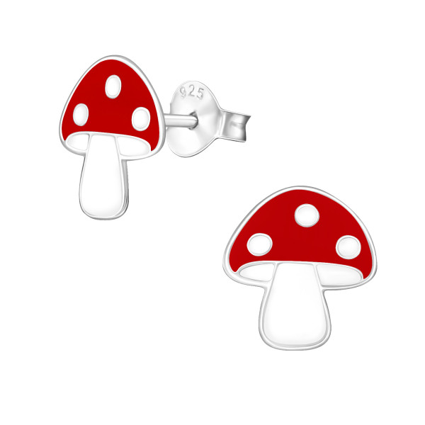 Gomba színes stift gyermek fülbevaló, 925 ezüst, 1 pár, epoxy, piros, fehér
