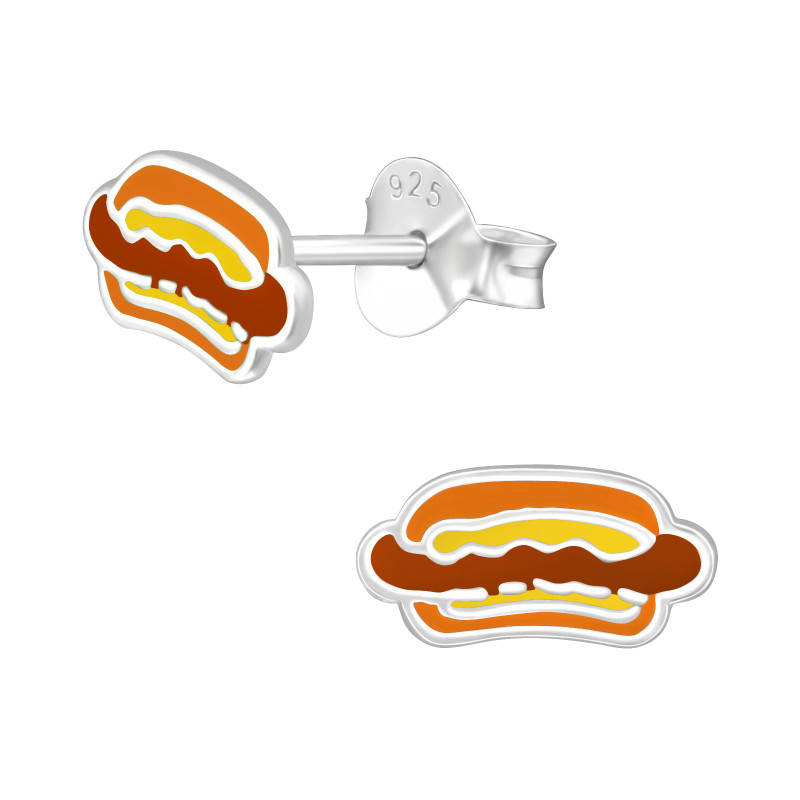 Hotdog gyerek színes stift fülbevaló 925 ezüst , epoxy, barna, sárga, narancs