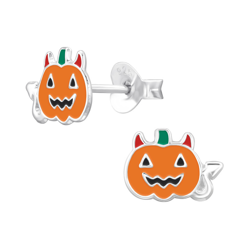 Halloweeni Tök gyermek bedugós fülbevaló 925 ezüst - 1 pár, epoxy, fekete, piros, narancs, zöld